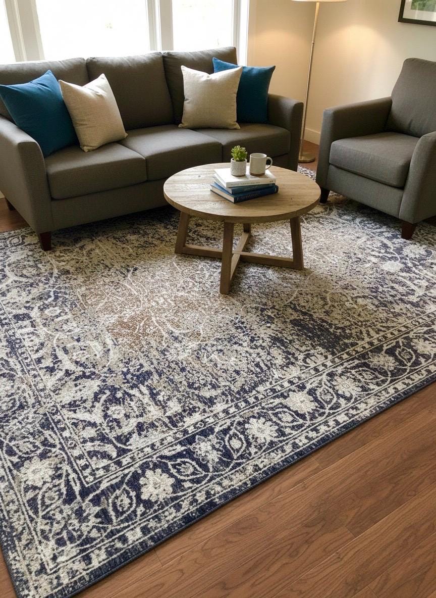 9x12 ft Indigo & Cream Oriental Hand-Knotted Wool Rug