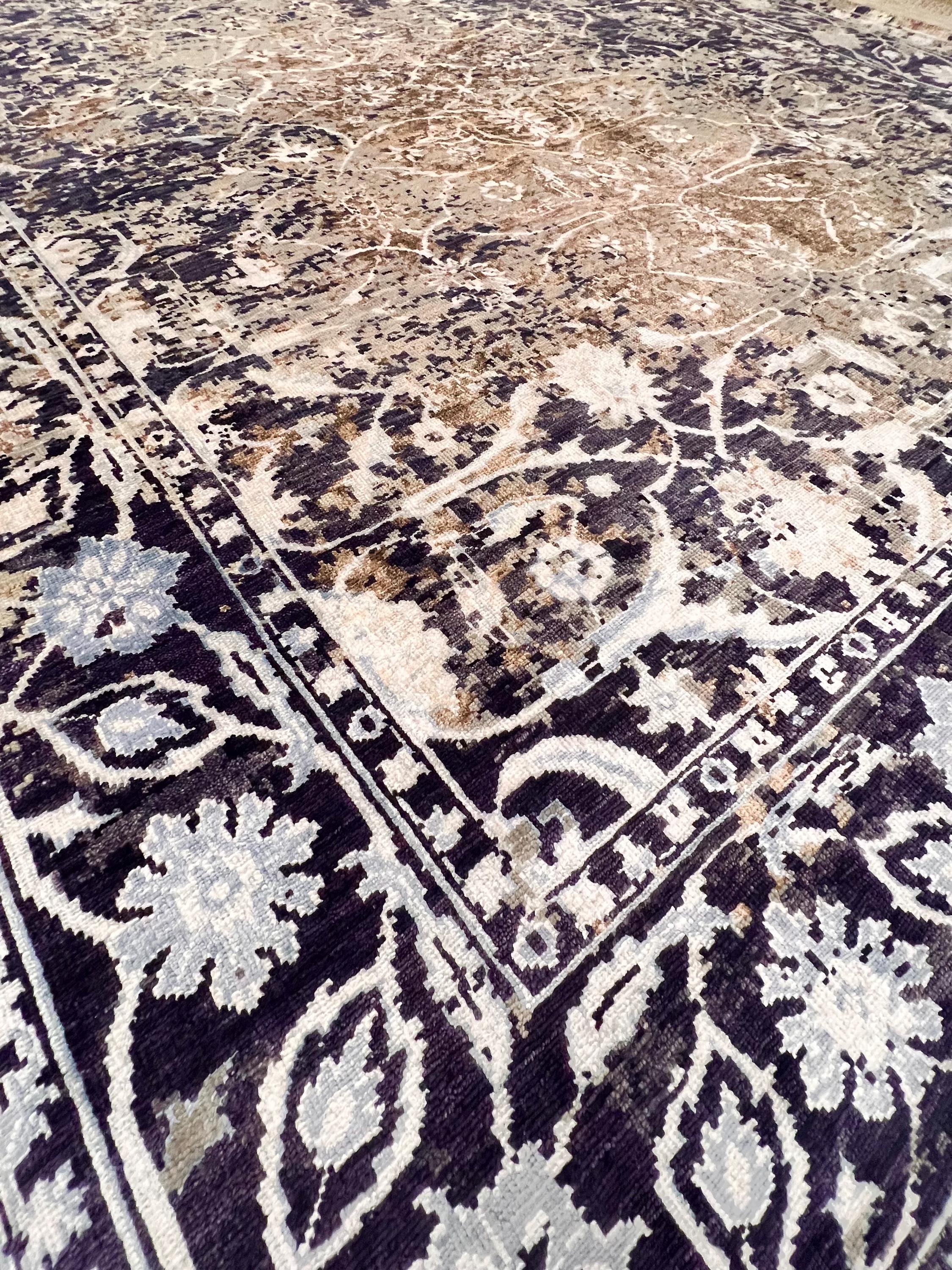 9x12 ft Indigo & Cream Oriental Hand-Knotted Wool Rug