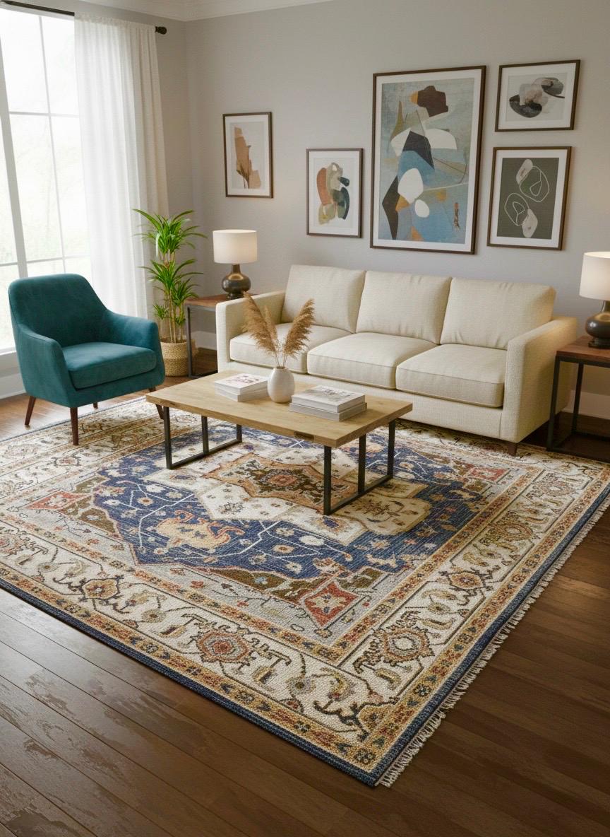 8x10 Hand-Knotted Mid-Century Modern Area Rug | Earthy Blue, Sage Green & Cream