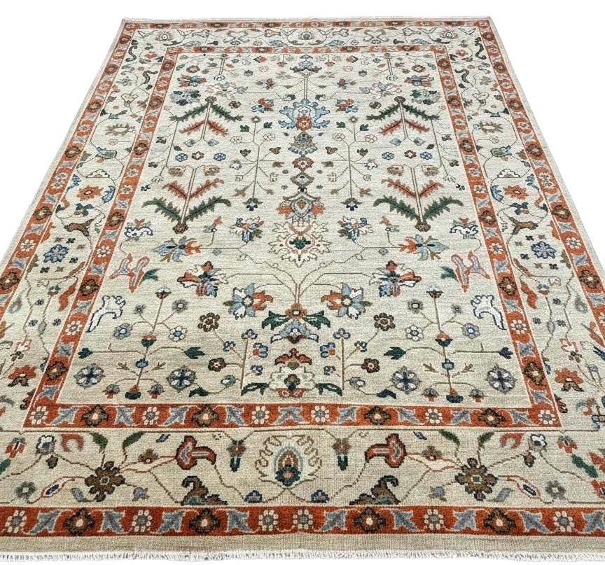 8x10 ft Hand-Knotted Antique-Style Oushak Wool Rug - Earthy Terracotta & Sage