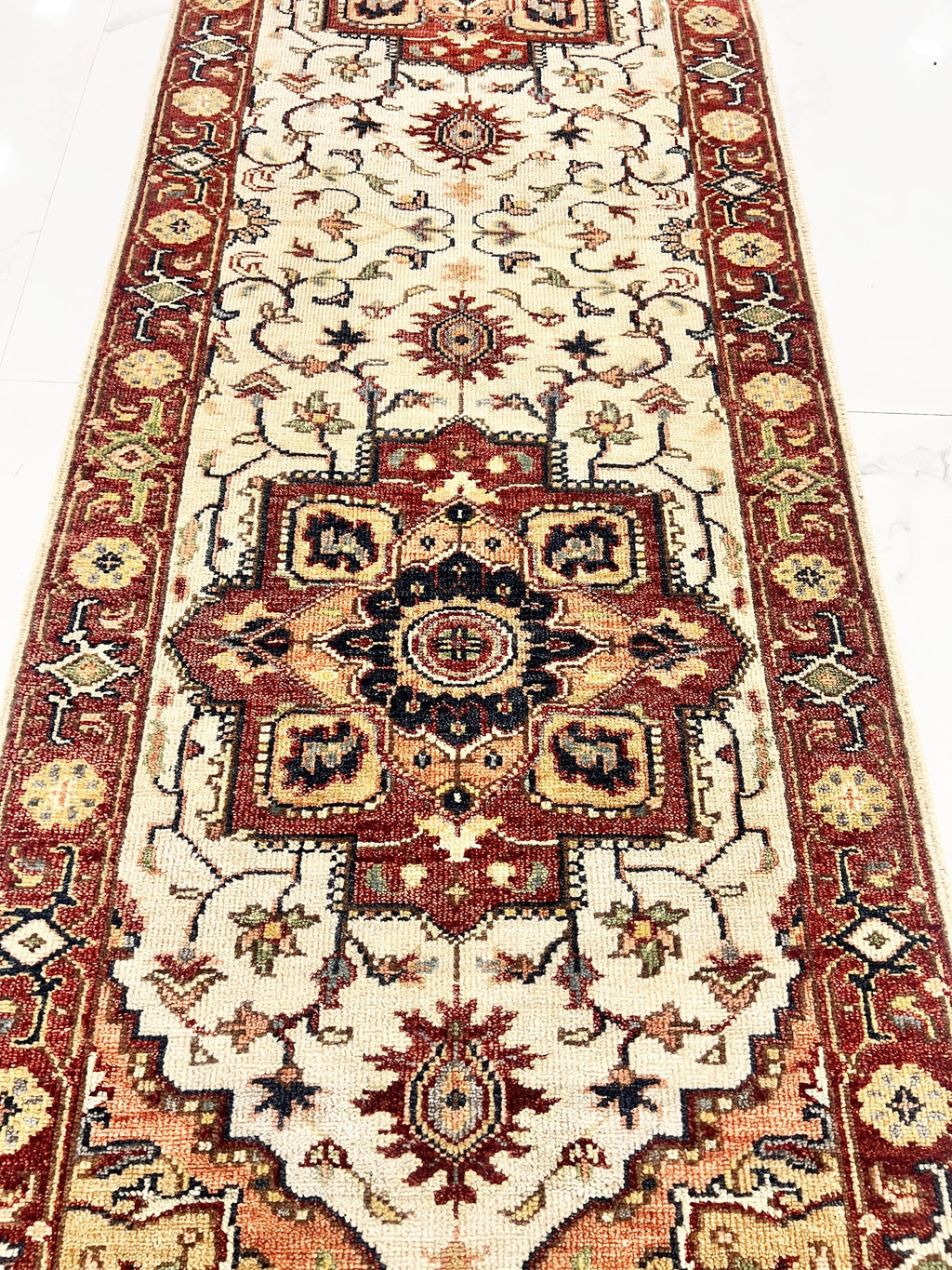 Rare 11.6 ft Antique Inspired Hand-Knotted Wool Runner– 2.7 x11.6 –Traditional Persian Style Entryway Rug, Rust, Cream & Ochre Hallway Decor