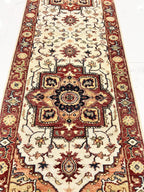 Rare 11.6 ft Antique Inspired Hand-Knotted Wool Runner– 2.7 x11.6 –Traditional Persian Style Entryway Rug, Rust, Cream & Ochre Hallway Decor