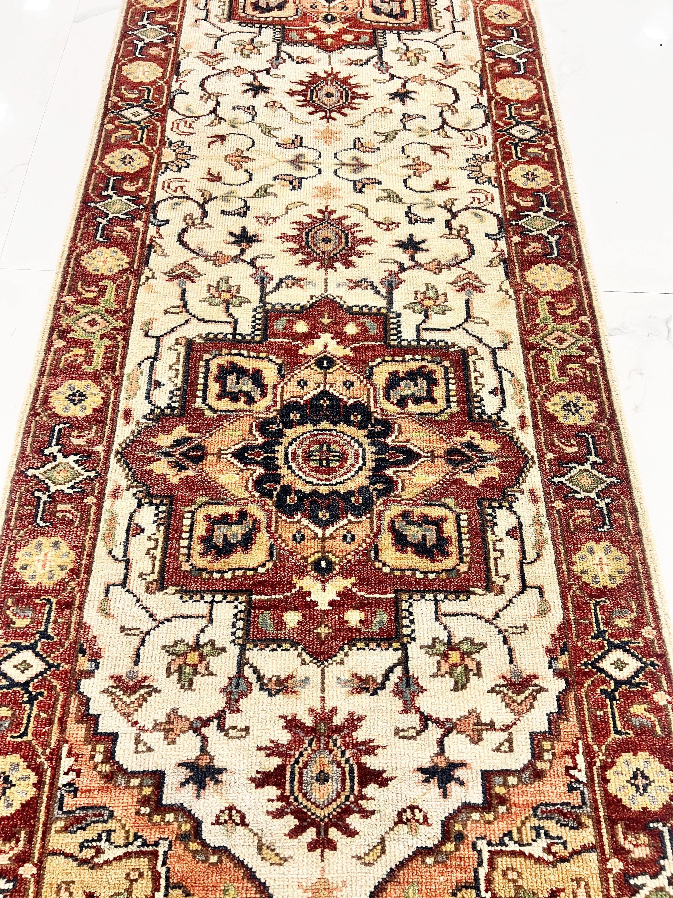 Rare 11.6 ft Antique Inspired Hand-Knotted Wool Runner– 2.7 x11.6 –Traditional Persian Style Entryway Rug, Rust, Cream & Ochre Hallway Decor