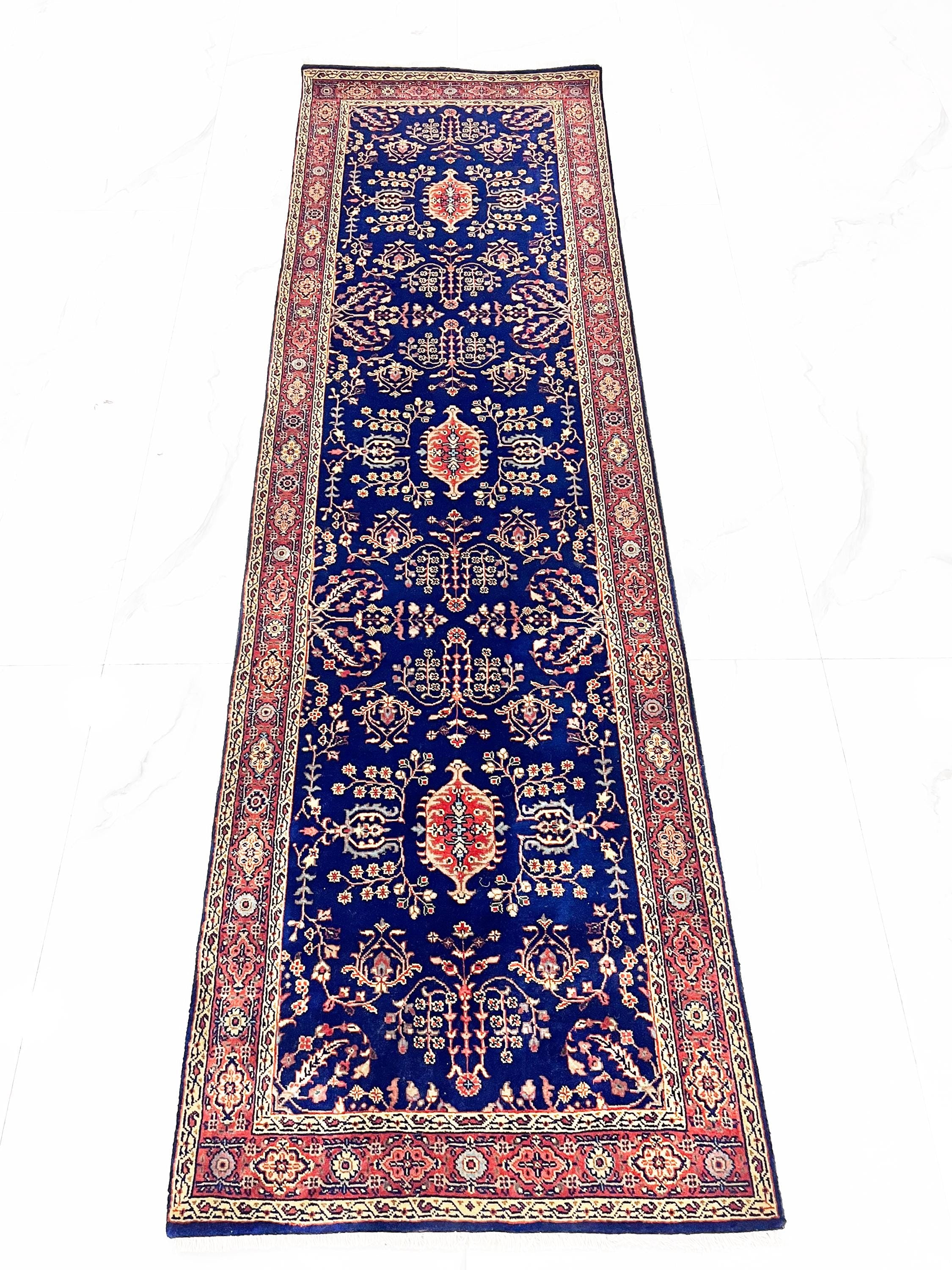 Exquisite 2.6x8.3 ft Hand-Knotted Wool Persian Runner–Deep Royal Blue Madder Red for entryway, hallway, kitchen, stairs vintage decor runner