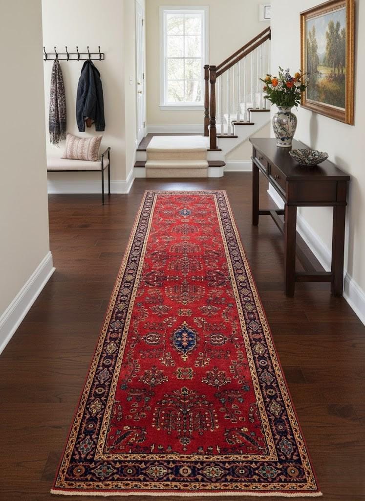 Red Persian 2.7x11.6 ft Hand-Knotted Wool Runner Long Hallway Rug - Vintage Style Medallion Runner - Artisan Woven Entryway, stairs Carpet