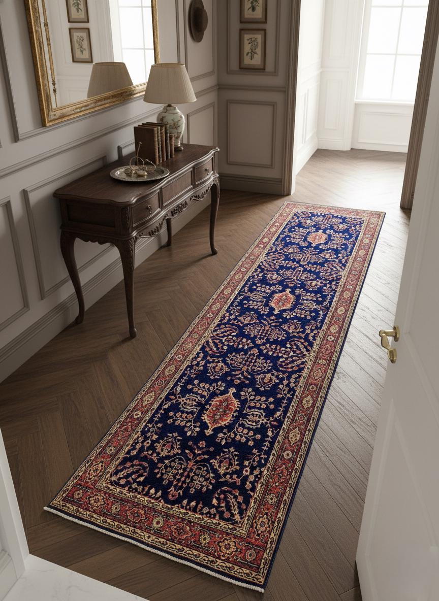 Exquisite 2.6x8.3 ft Hand-Knotted Wool Persian Runner–Deep Royal Blue Madder Red for entryway, hallway, kitchen, stairs vintage decor runner