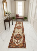 Rare 11.6 ft Antique Inspired Hand-Knotted Wool Runner– 2.7 x11.6 –Traditional Persian Style Entryway Rug, Rust, Cream & Ochre Hallway Decor
