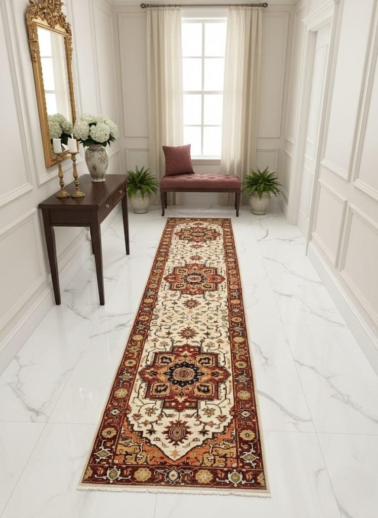 Rare 11.6 ft Antique Inspired Hand-Knotted Wool Runner– 2.7 x11.6 –Traditional Persian Style Entryway Rug, Rust, Cream & Ochre Hallway Decor