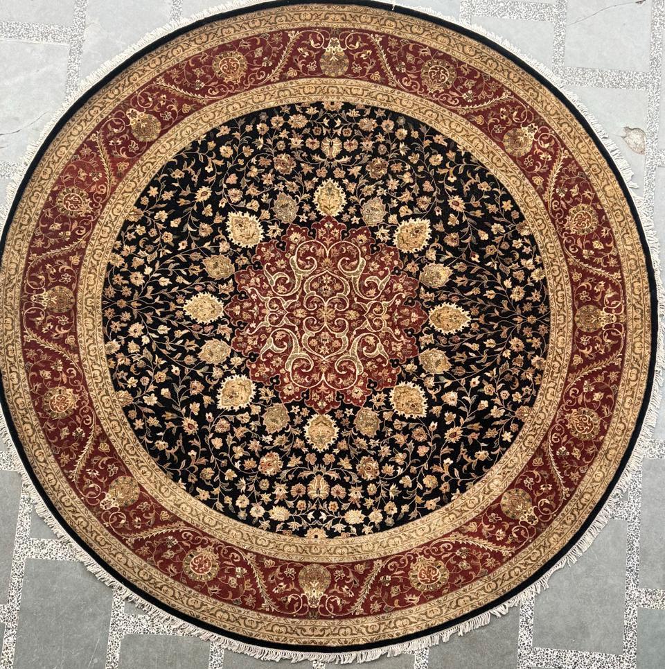 9x9 Round Hand-Knotted Wool & Silk Rug Traditional Persian Style Medallion Carpet Large Luxury Area Rug for Living Room, Dining Room