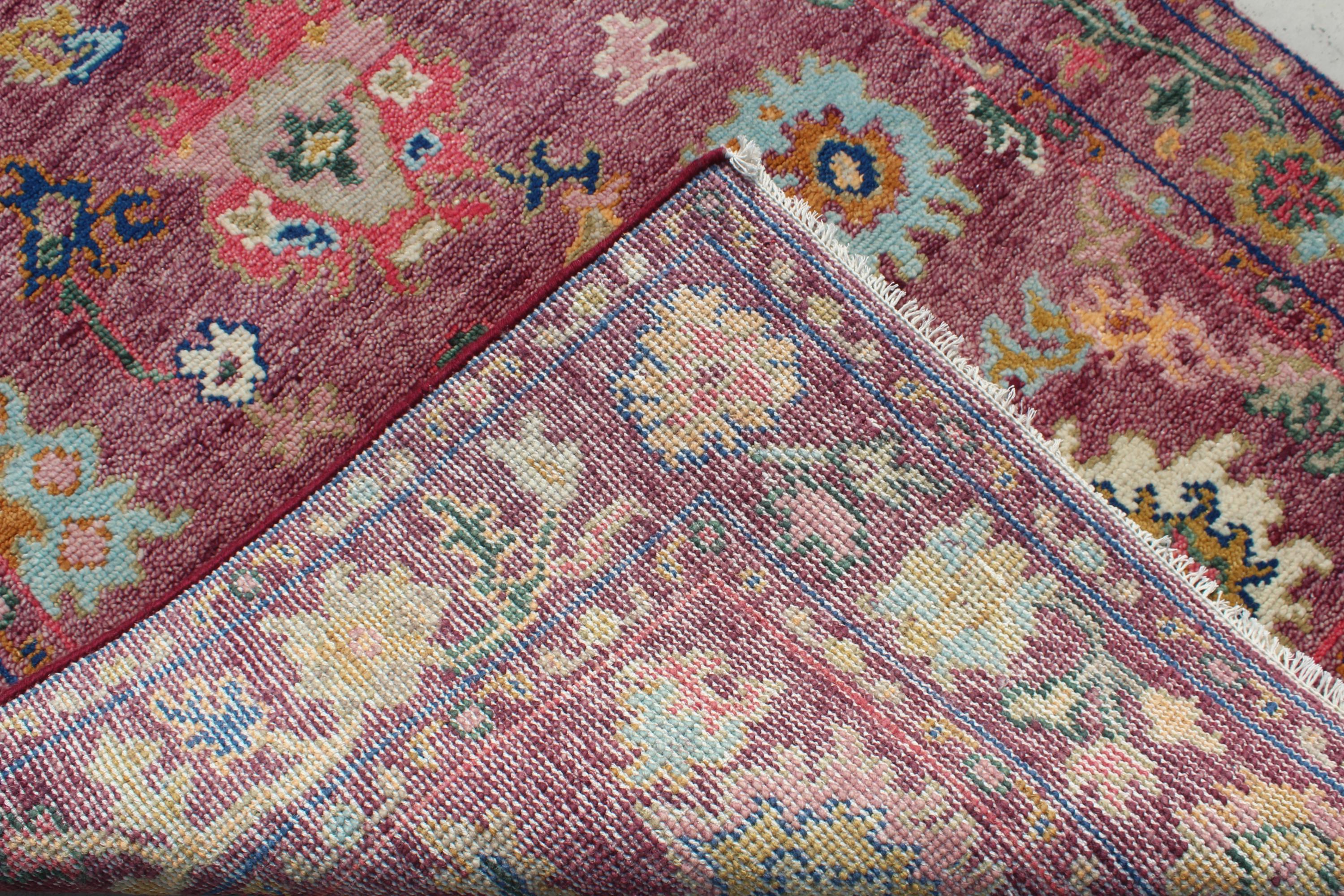 Hand knotted Oushak Rug in Vibrant Magenta, deep rose. Modern Turkish Wool Area Rug