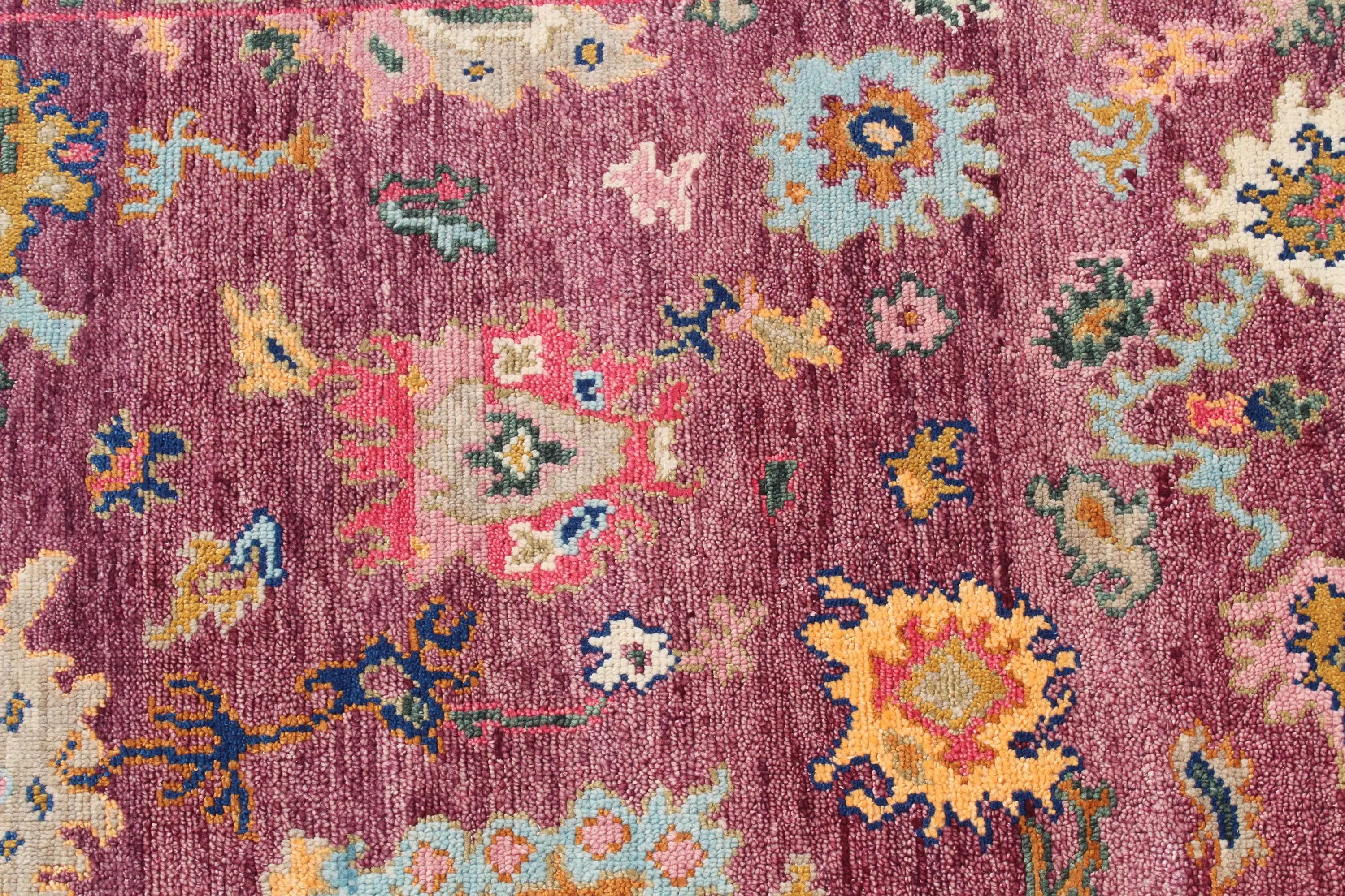 Hand knotted Oushak Rug in Vibrant Magenta, deep rose. Modern Turkish Wool Area Rug