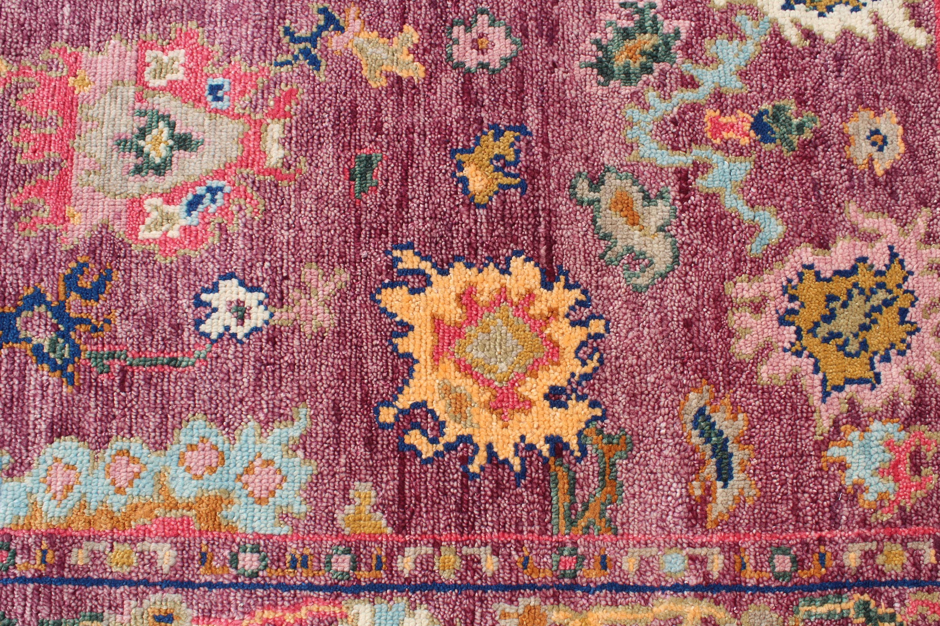 Hand knotted Oushak Rug in Vibrant Magenta, deep rose. Modern Turkish Wool Area Rug