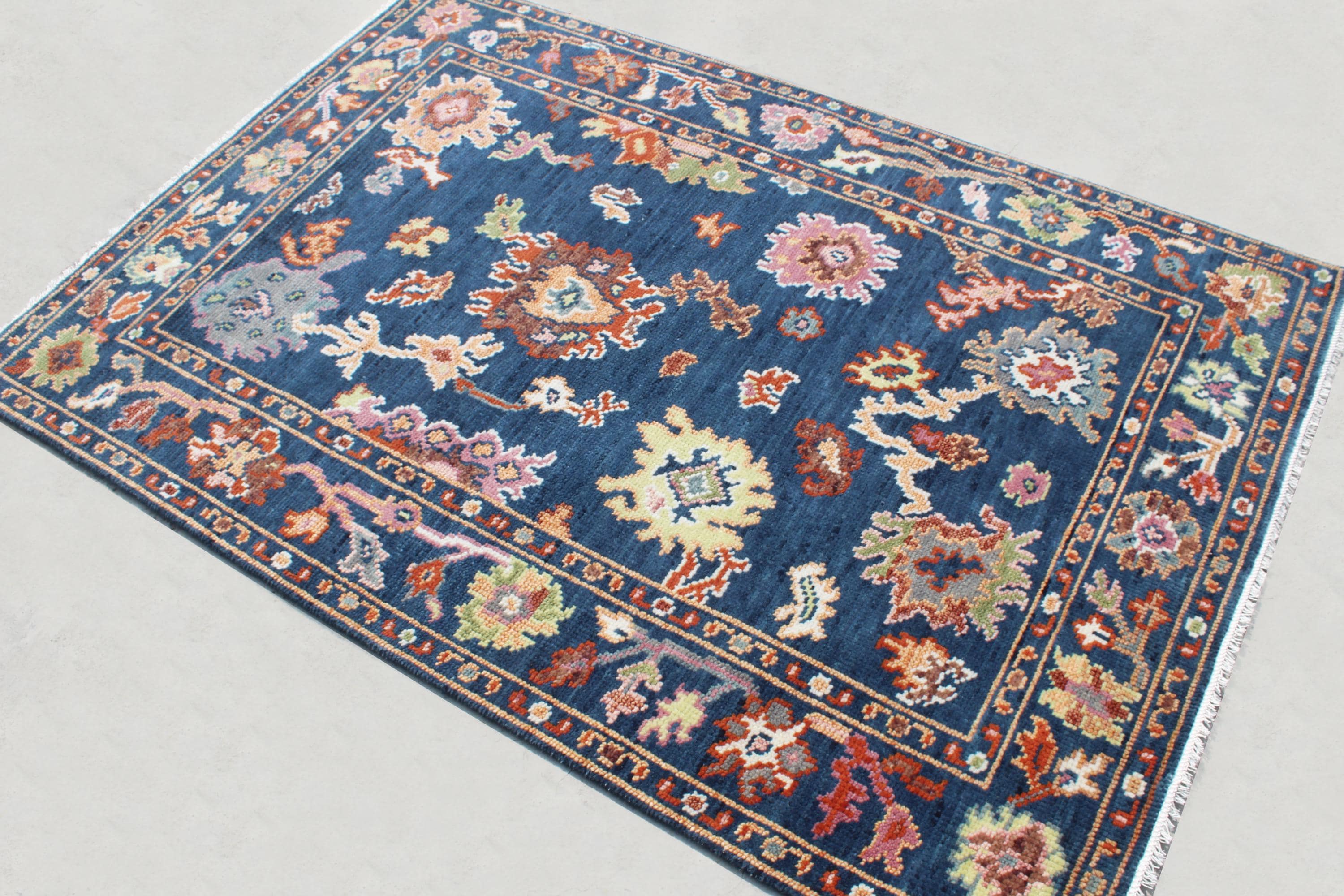 Hand-Knotted Oushak Wool Rug - custom sizes-4x6,5x8,6x9,8x10,10x14 Authentic Turkish Style Area Rug in Navy Blue, Terracotta, and Sage Green