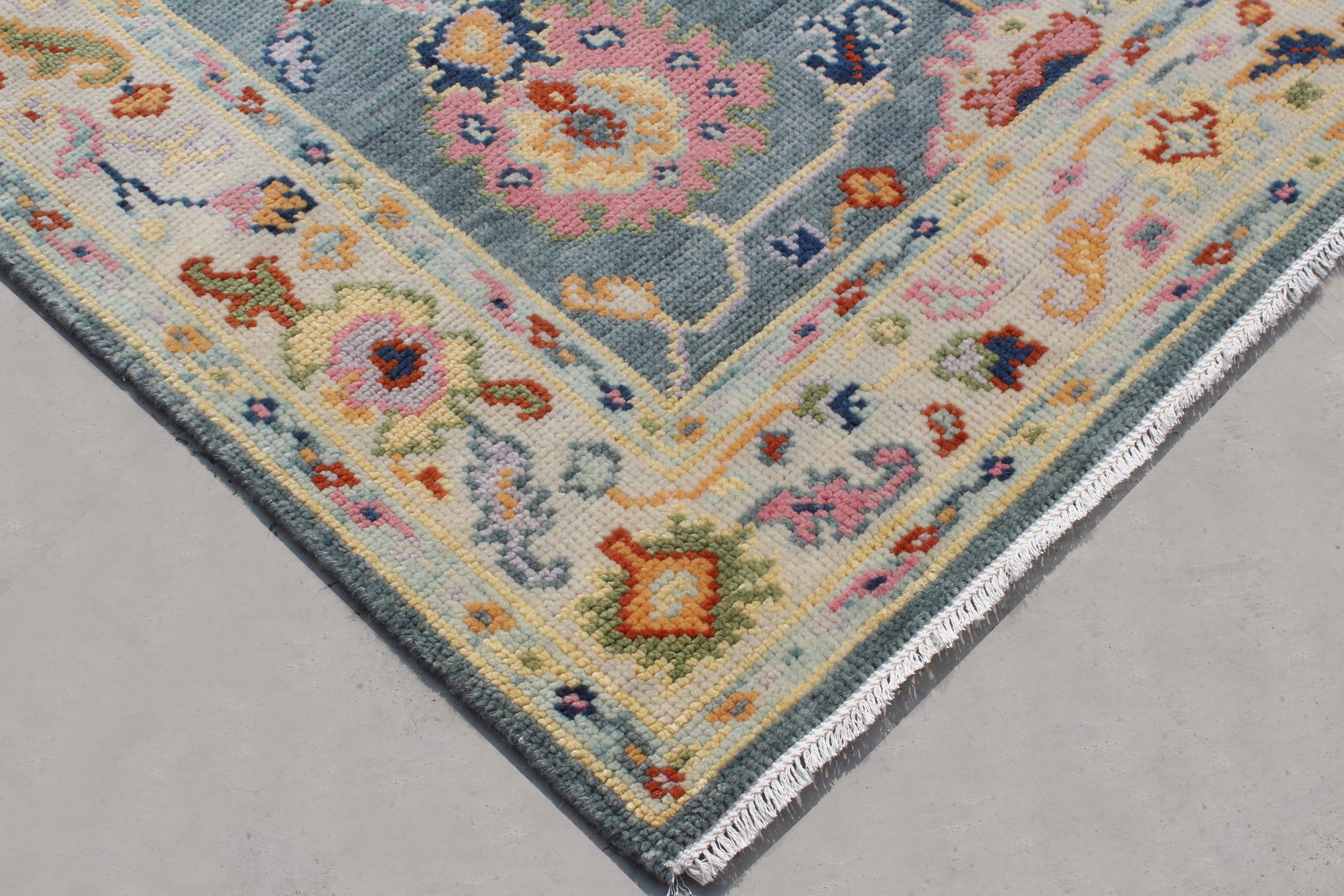 Hand Knotted Wool Oushak Rug, Slate Blue Sage Green Turkish Area Rug