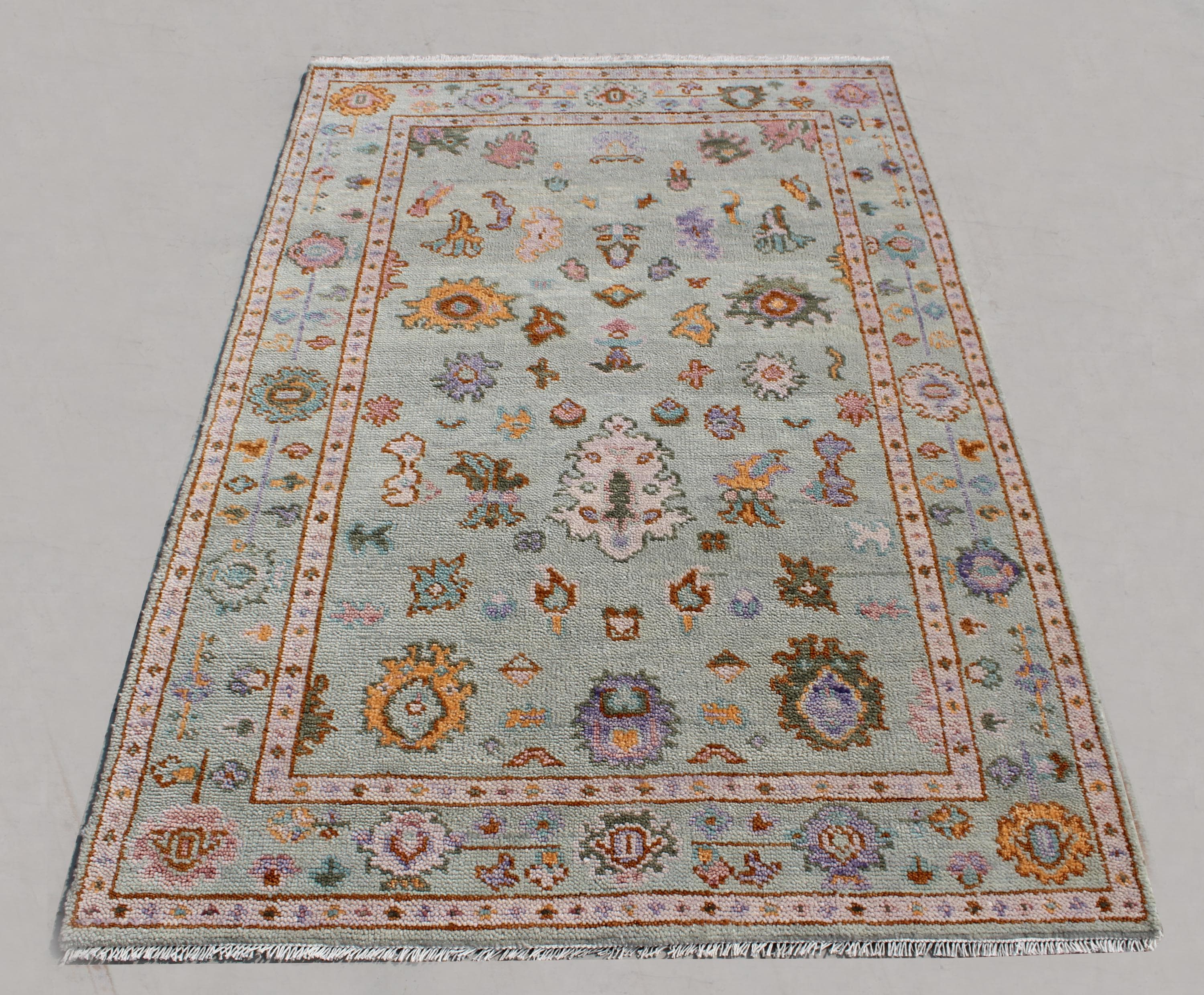 Muted Pastel Oushak Rug, Hand-Knotted Wool Area Rug, Sage Green Traditional Turkish Style Rug, Custom Sizes: 4x6,5x8, 6x9, 8x10, 9x12, 10x14
