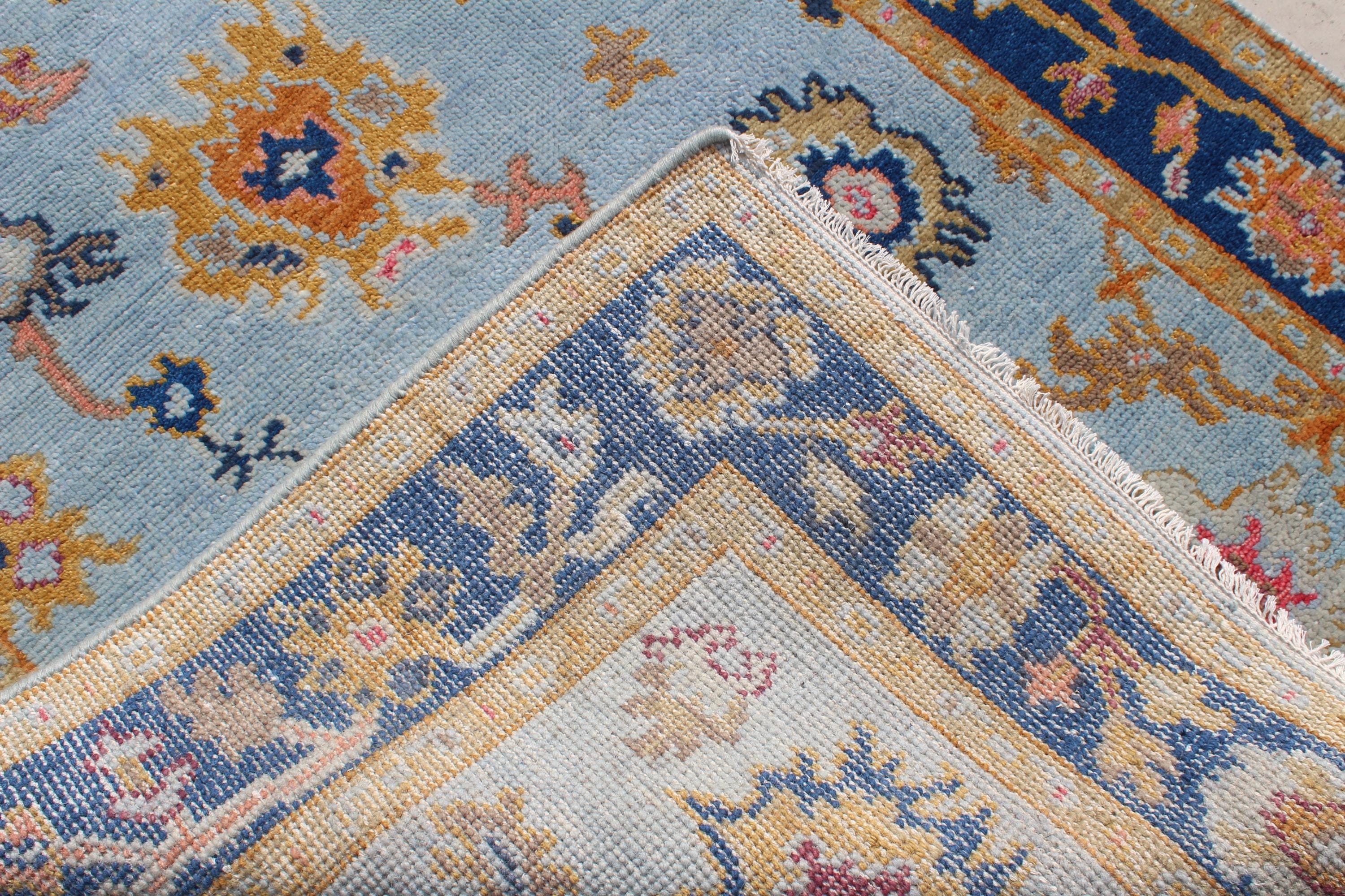 Hand Knotted Oushak Rug Blue & Gold Turkish Wool Area Rug