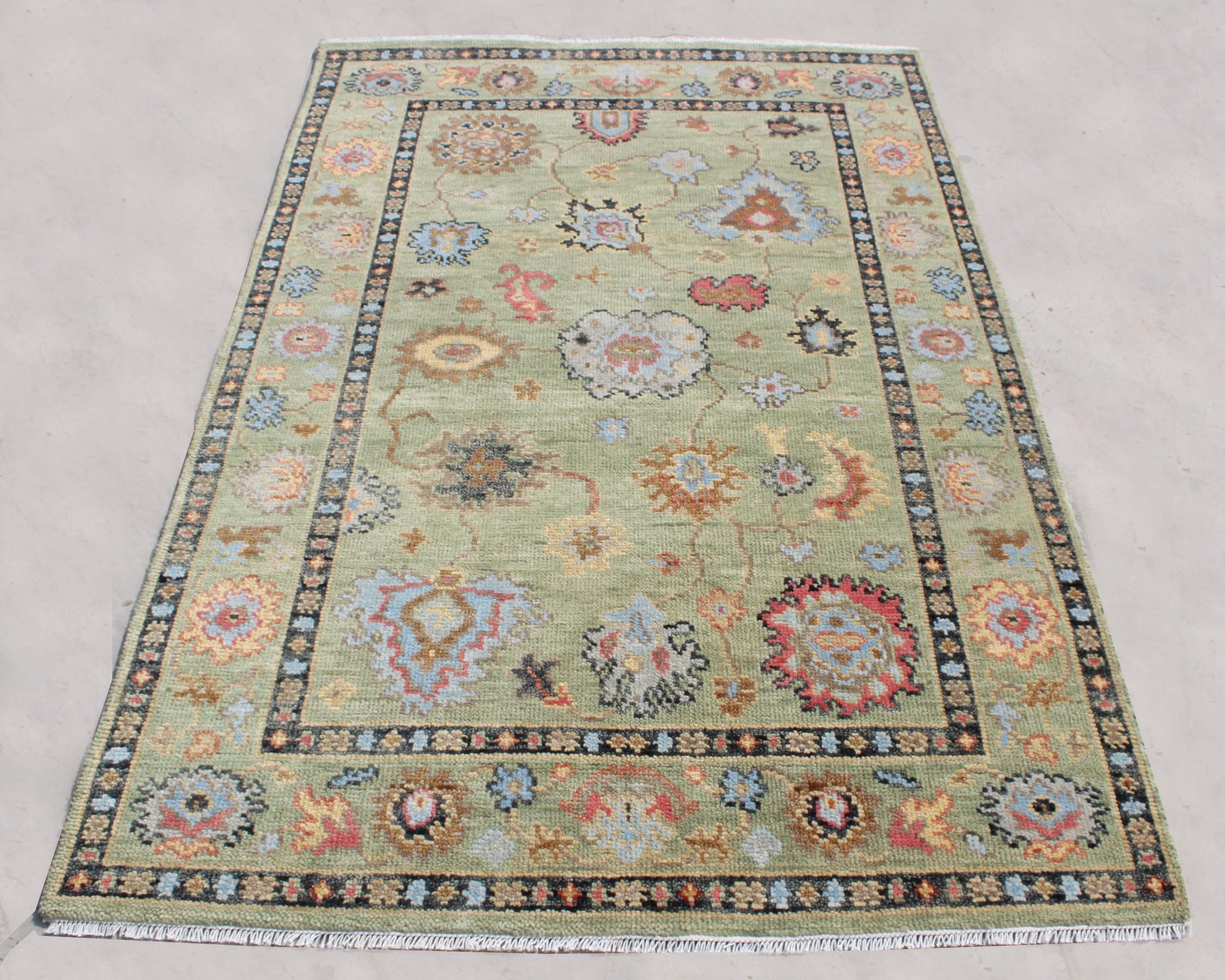 Hand Knotted Sage Green Oushak Rug, Large Floral Wool Area Rug, Muted Neutral Turkish Style Carpet for Living Room, 5x8, 6x9,8x10 9x12 10x14
