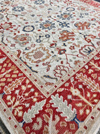 8x10 ft Authentic Hand-Knotted Wool Oriental Rug - Red & Cream Transitional Oushak Style