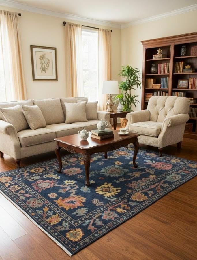 Hand-Knotted Navy Oushak Rug, Traditional Floral Wool Area Rug, Blue & Terracotta Rug for Living Room 4x6,5x8, 8x10, 9x12,10x14 Custom Sizes