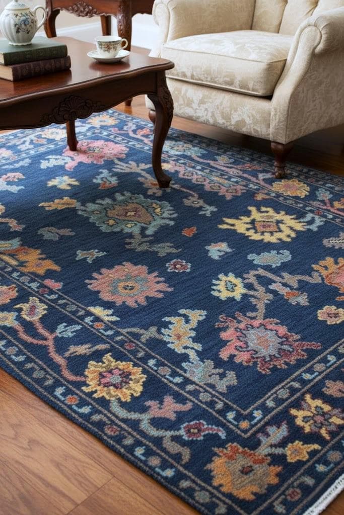 Hand-Knotted Navy Oushak Rug, Traditional Floral Wool Area Rug, Blue & Terracotta Rug for Living Room 4x6,5x8, 8x10, 9x12,10x14 Custom Sizes