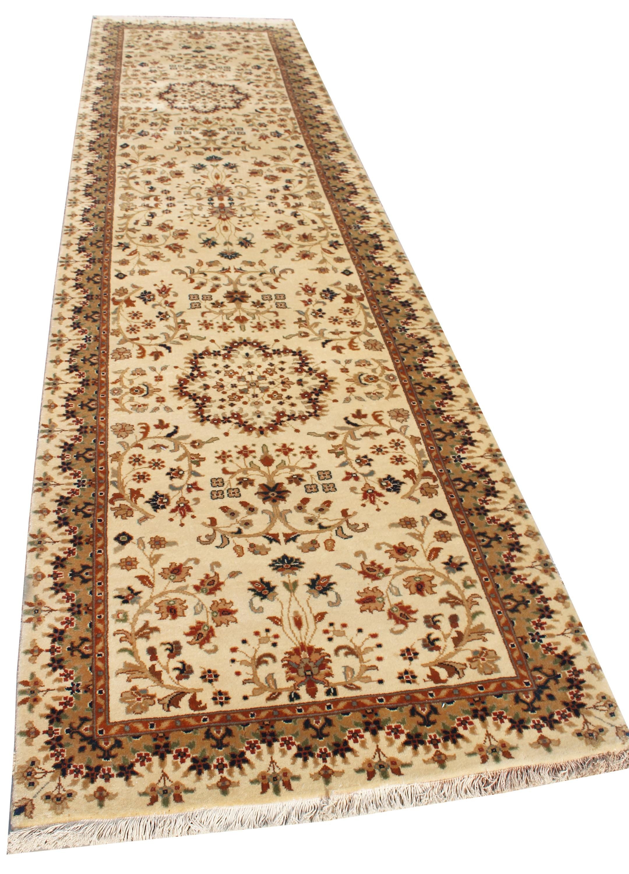 Luxurious Hand-Knotted 2.7x10 ft Wool Traditional Cream & Terracotta Vintage Aesthetic Long Runner Rug for Entryway, hallway or Stairs