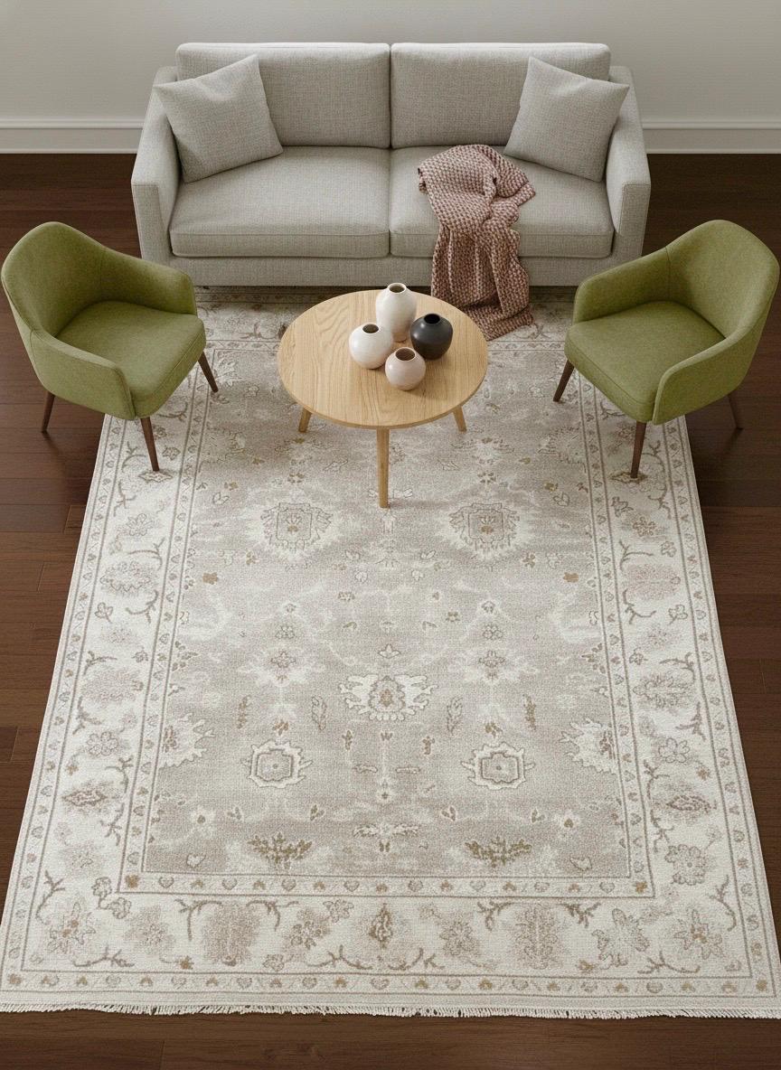 6.2x8.8 Hand-Knotted Oushak Rug, Authentic Wool Area Rug in Muted Champagne, Sage, and Sand | Traditional Turkish Style Rug for Living Room