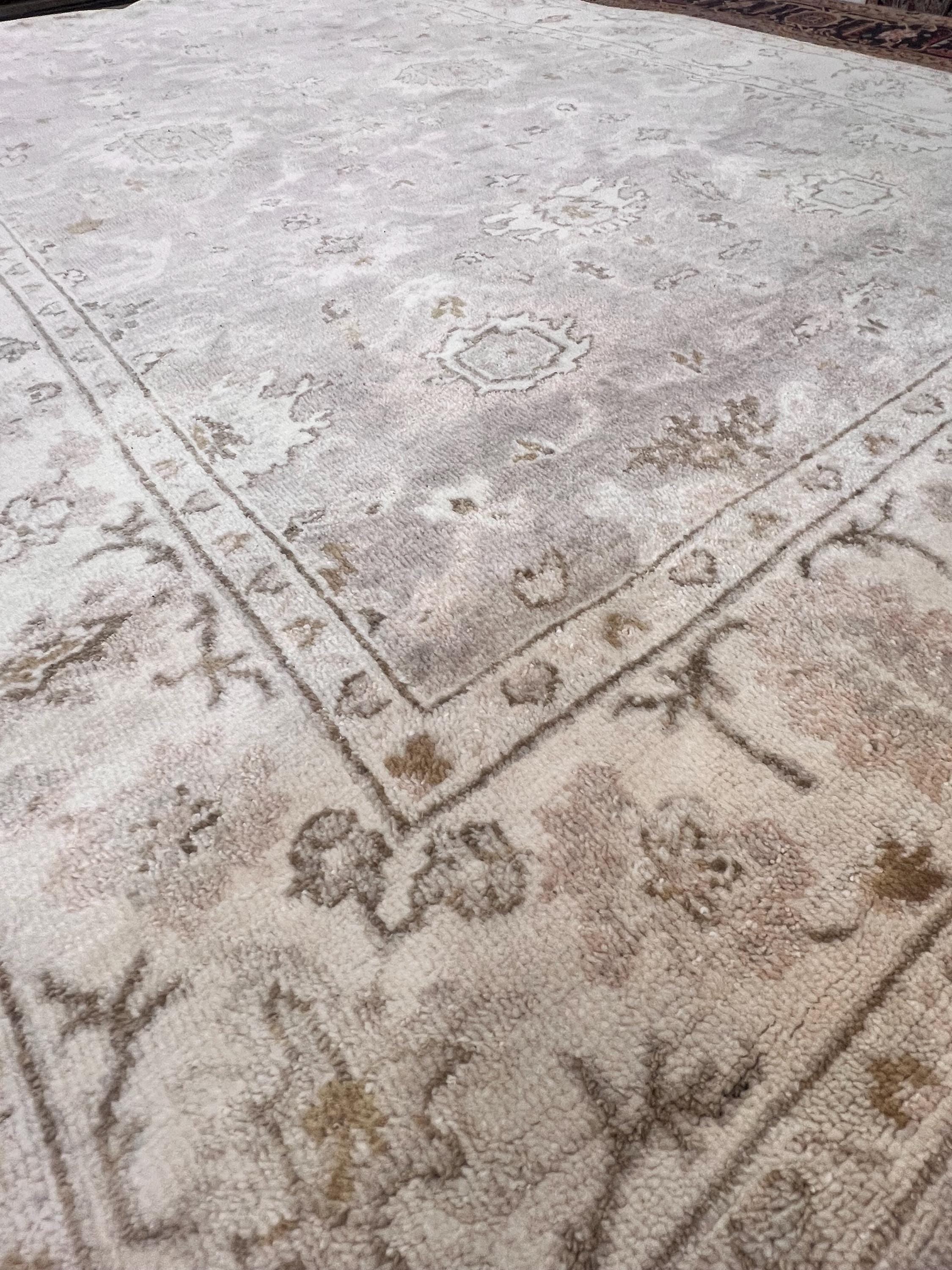 6.2x8.8 Hand-Knotted Oushak Rug, Authentic Wool Area Rug in Muted Champagne, Sage, and Sand | Traditional Turkish Style Rug for Living Room