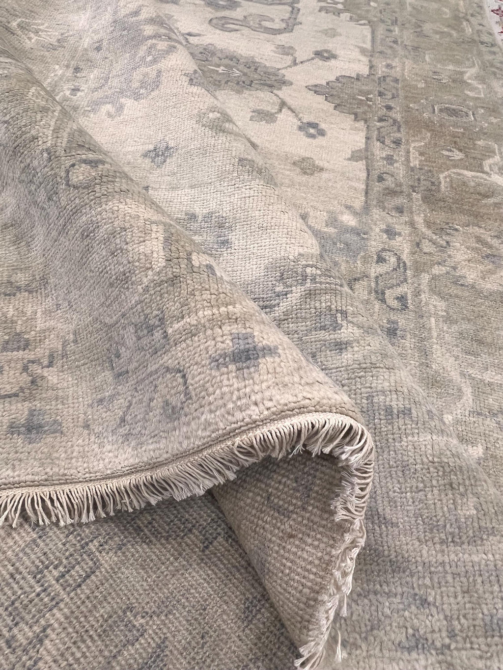 6x9 Hand-Knotted Oushak Rug, Modern Transitional Wool Area Rug, Neutral Beige & Slate Blue Turkish Style Muted Luxury Rug for Living room