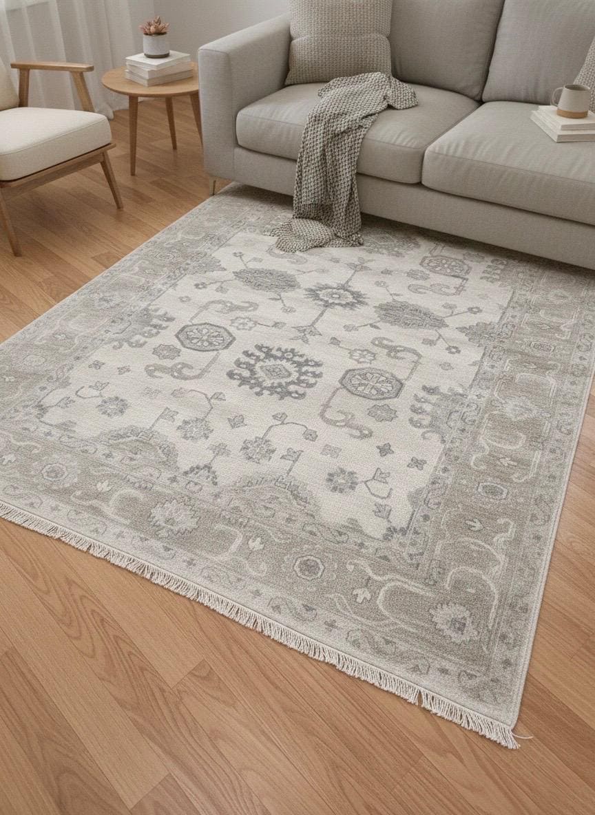 6x9 Hand-Knotted Oushak Rug, Modern Transitional Wool Area Rug, Neutral Beige & Slate Blue Turkish Style Muted Luxury Rug for Living room