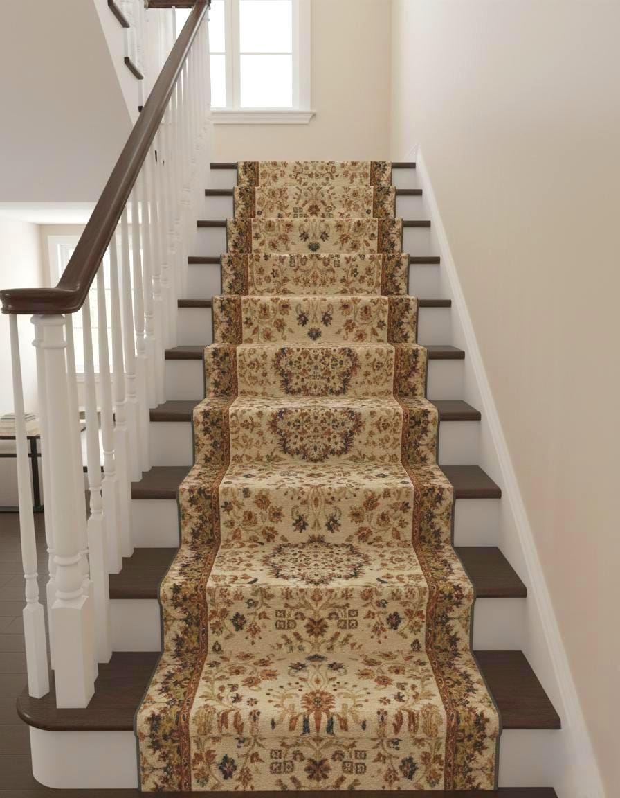 Luxurious Hand-Knotted 2.7x10 ft Wool Traditional Cream & Terracotta Vintage Aesthetic Long Runner Rug for Entryway, hallway or Stairs