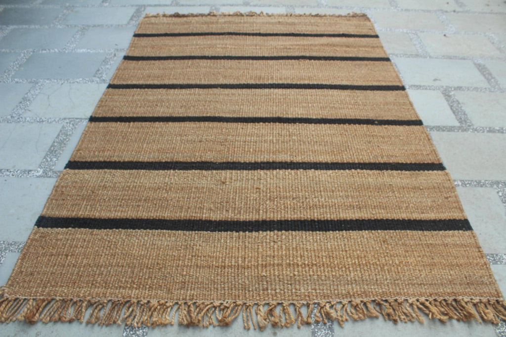 Modern black Striped Jute Rug |6x8 ft Black & Natural Area Mat