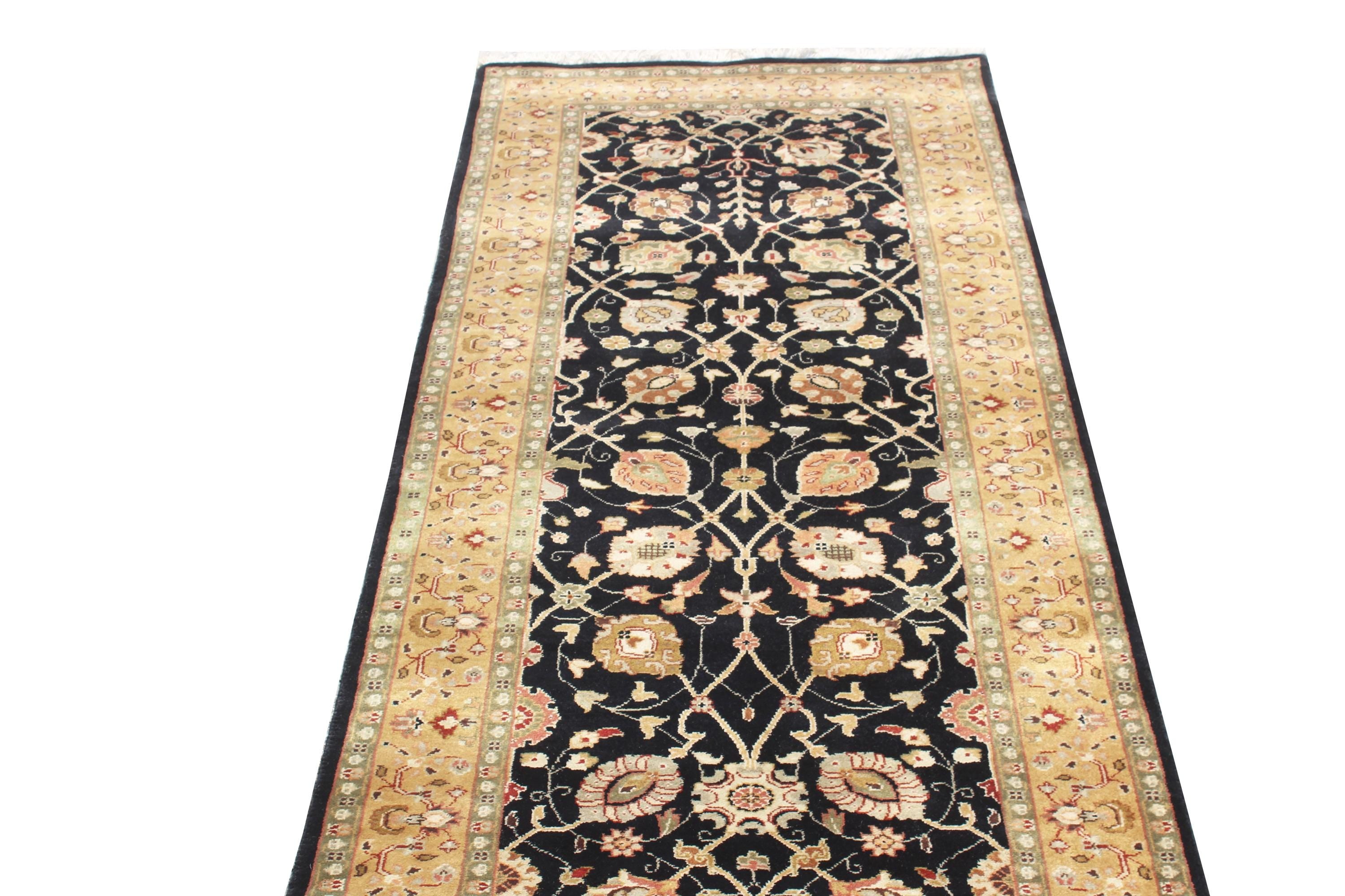Hand Knotted New Zealand Wool Runner Rug – Traditional oriental Style, Black & Gold, 2.6x12.1 ft