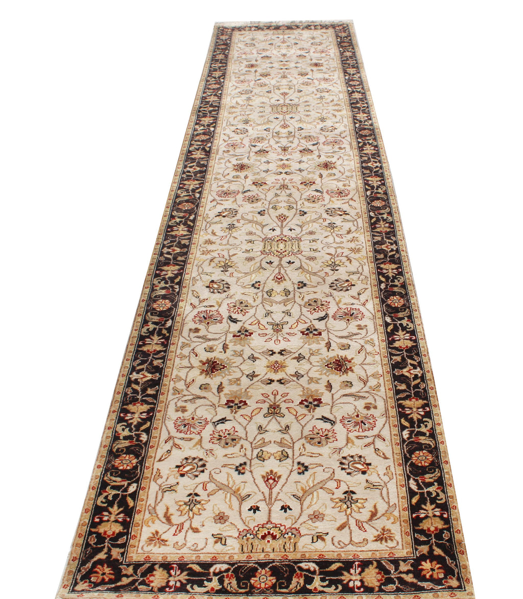Hand-Knotted 12 ft ft Beige Black traditional Wool Runner Rug, Vintage Style Medallion Runner