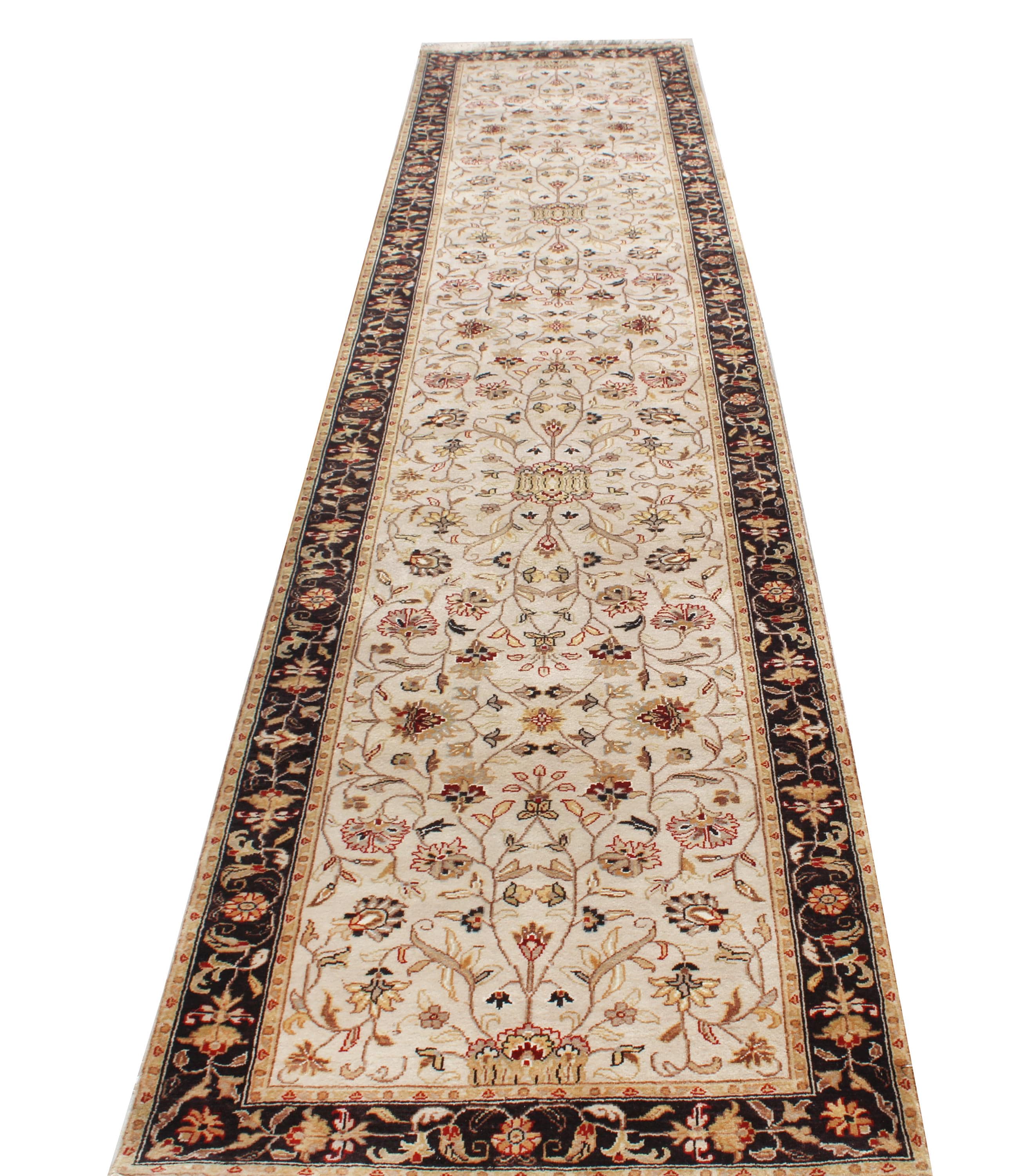 Hand-Knotted 2.8x11.7 ft Beige Black traditional Wool Runner Rug, Traditional Handmade, Vintage Style Medallion Runner for hallway, entryway