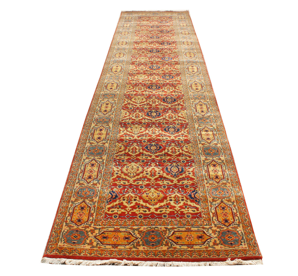 3x14 Extra Long Persian Runner Rug, Hand Knotted Wool Hallway Carpet, Traditional Red Blue Gallery Rug, 3.3x14.2 ft Antique Style Runner