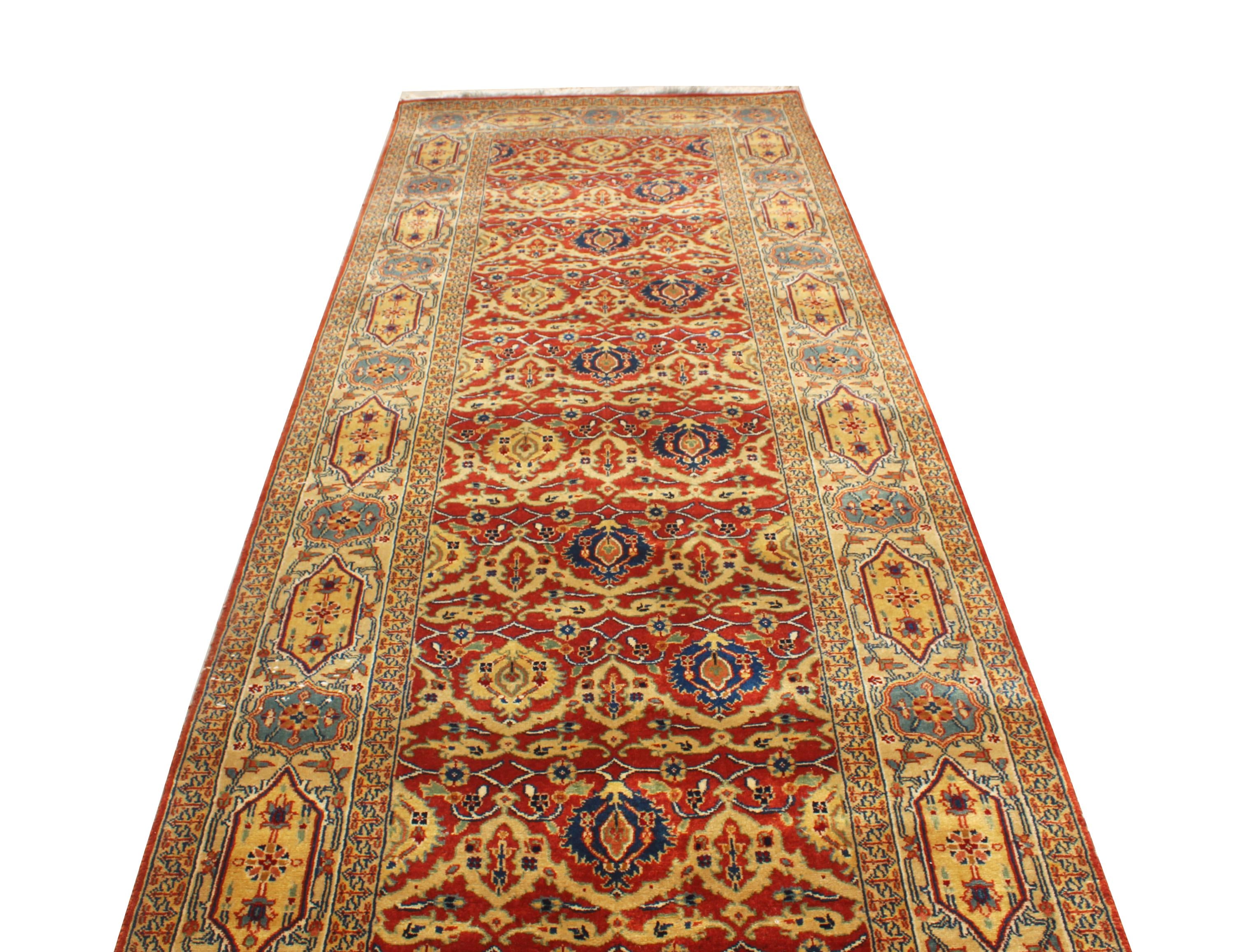 3x14 Extra Long Persian Runner Rug, Hand Knotted Wool Hallway Carpet, Traditional Red Blue Gallery Rug, 3.3x14.2 ft Antique Style Runner