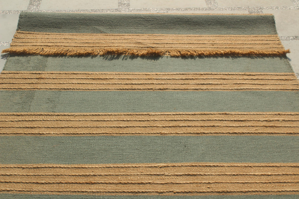Handwoven Striped Jute Rug - 5x8 ft Natural & Aqua Boho Area Rug