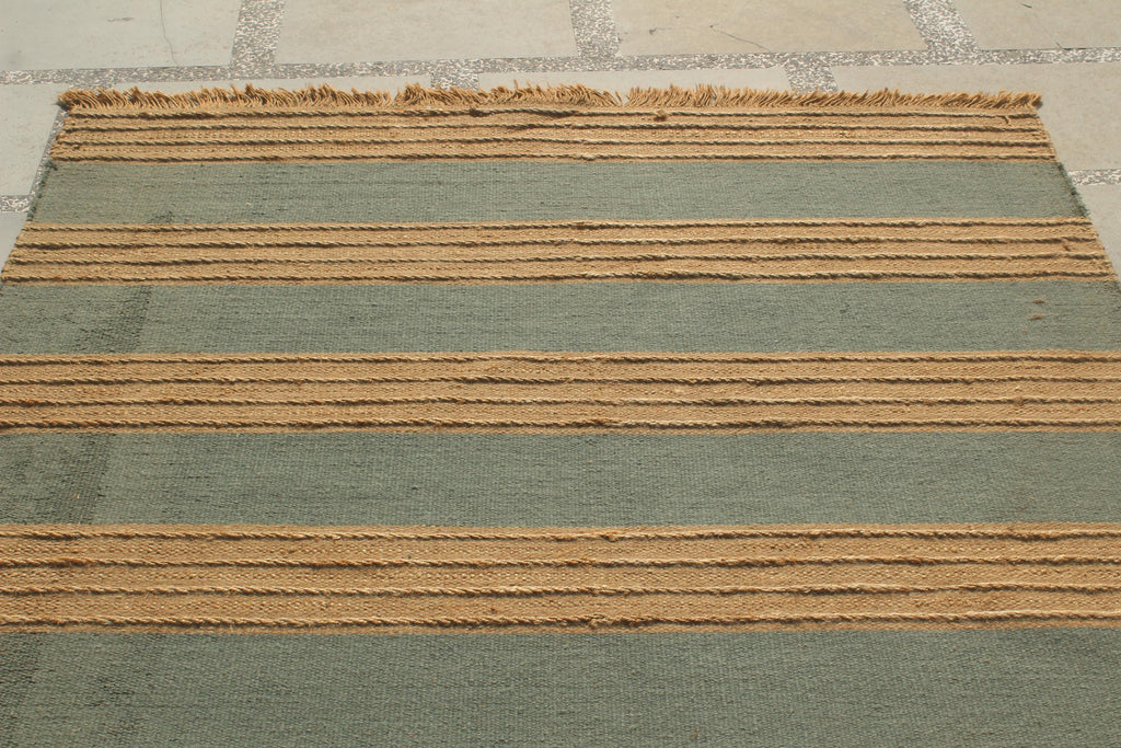Handwoven Striped Jute Rug - 5x8 ft Natural & Aqua Boho Area Rug