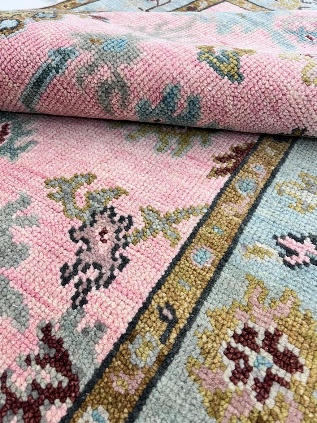 Hand knotted pink Oushak Rug – Custom Pastel Pink & Sky Blue