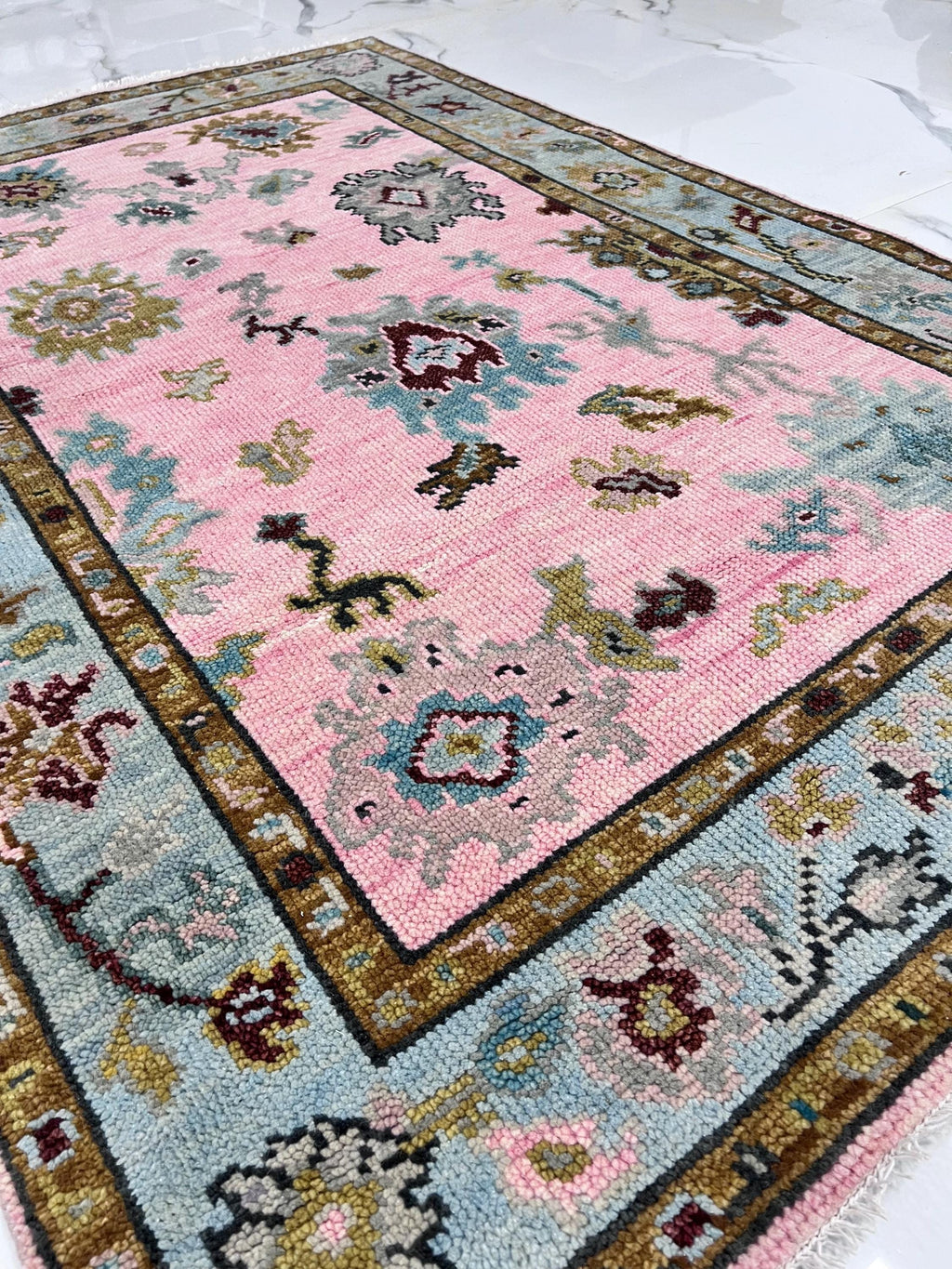Hand knotted pink Oushak Rug – Custom Pastel Pink & Sky Blue