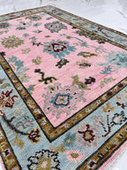 Hand knotted pink Oushak Rug – Custom Pastel Pink & Sky Blue