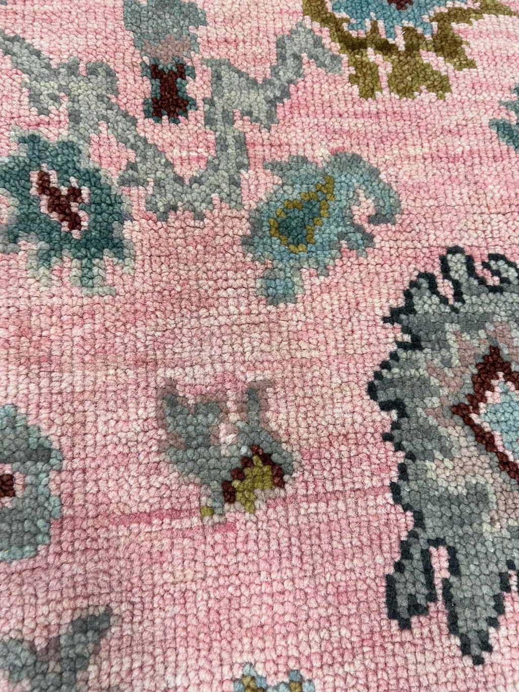 Hand knotted pink Oushak Rug – Custom Pastel Pink & Sky Blue