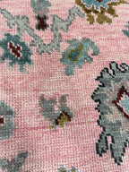 Hand knotted pink Oushak Rug – Custom Pastel Pink & Sky Blue