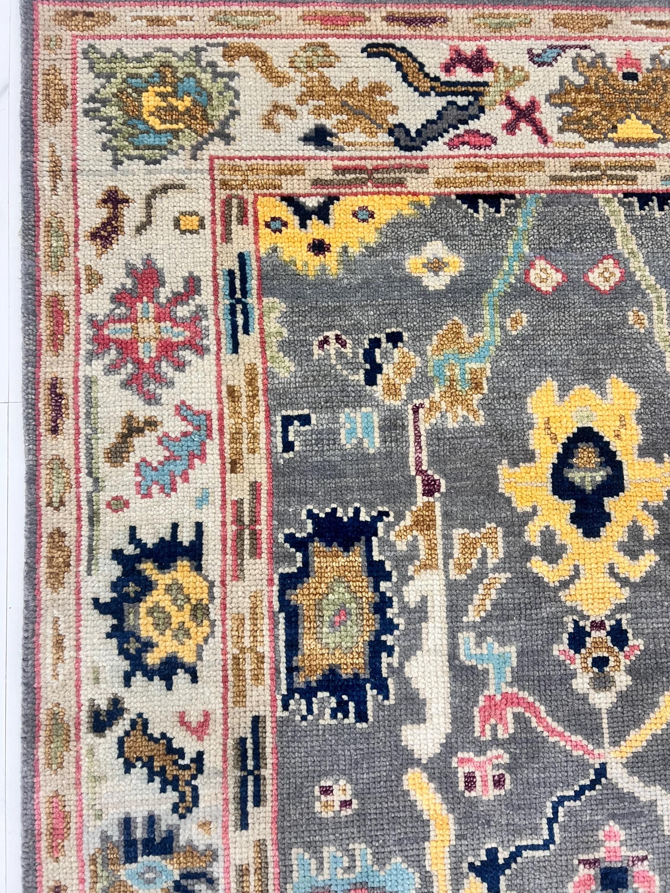 Hand-Knotted Oushak Wool Rug-Modern Charcoal & Vibrant Pastel Palette-Luxury Turkish Style Area Rug Custom size 4x6,5x8, 6x9,8x10,9x12,10x14