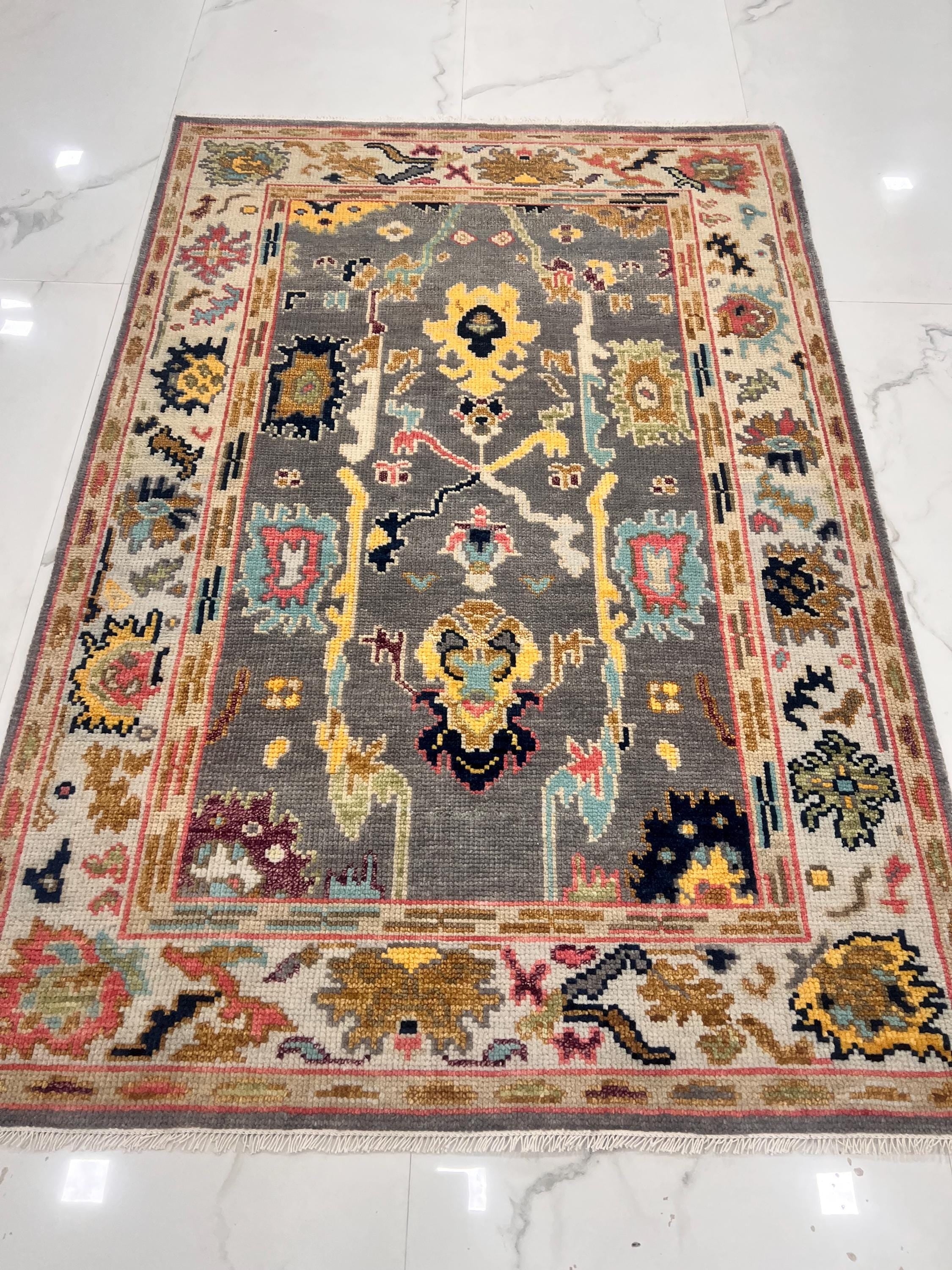 Hand-Knotted Oushak Wool Rug-Modern Charcoal & Vibrant Pastel Palette-Luxury Turkish Style Area Rug Custom size 4x6,5x8, 6x9,8x10,9x12,10x14