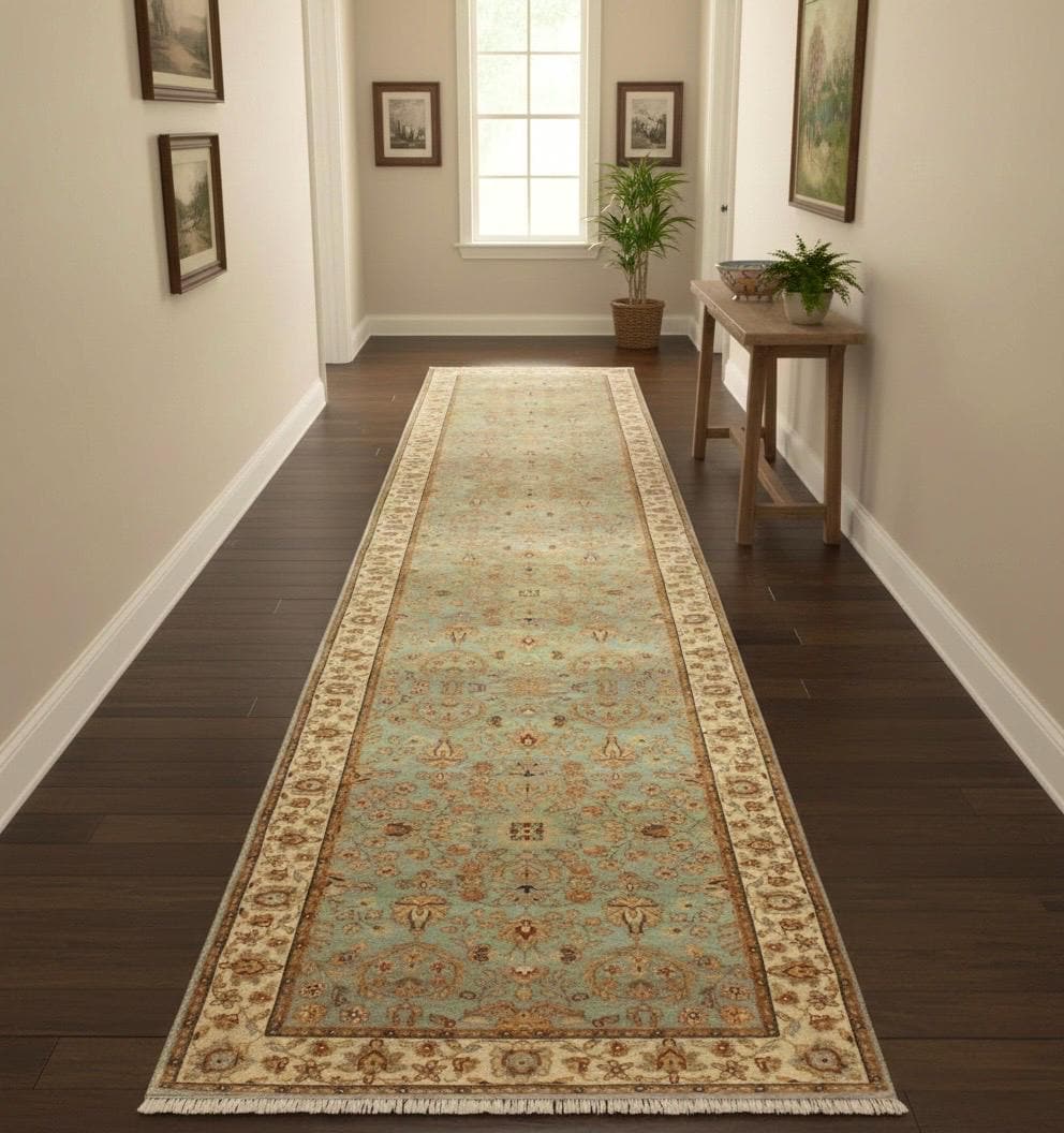 Hand Knotted Wool Stair Runner 3x13 Vintage Persian Style Hallway Rug, Sage Green Blue Oriental Long Runner, Transitional Entryway Carpet
