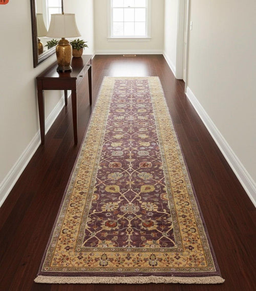 11 ft Antique Style Purple Gold Oushak Runner, hallway Runner Turkish Rug