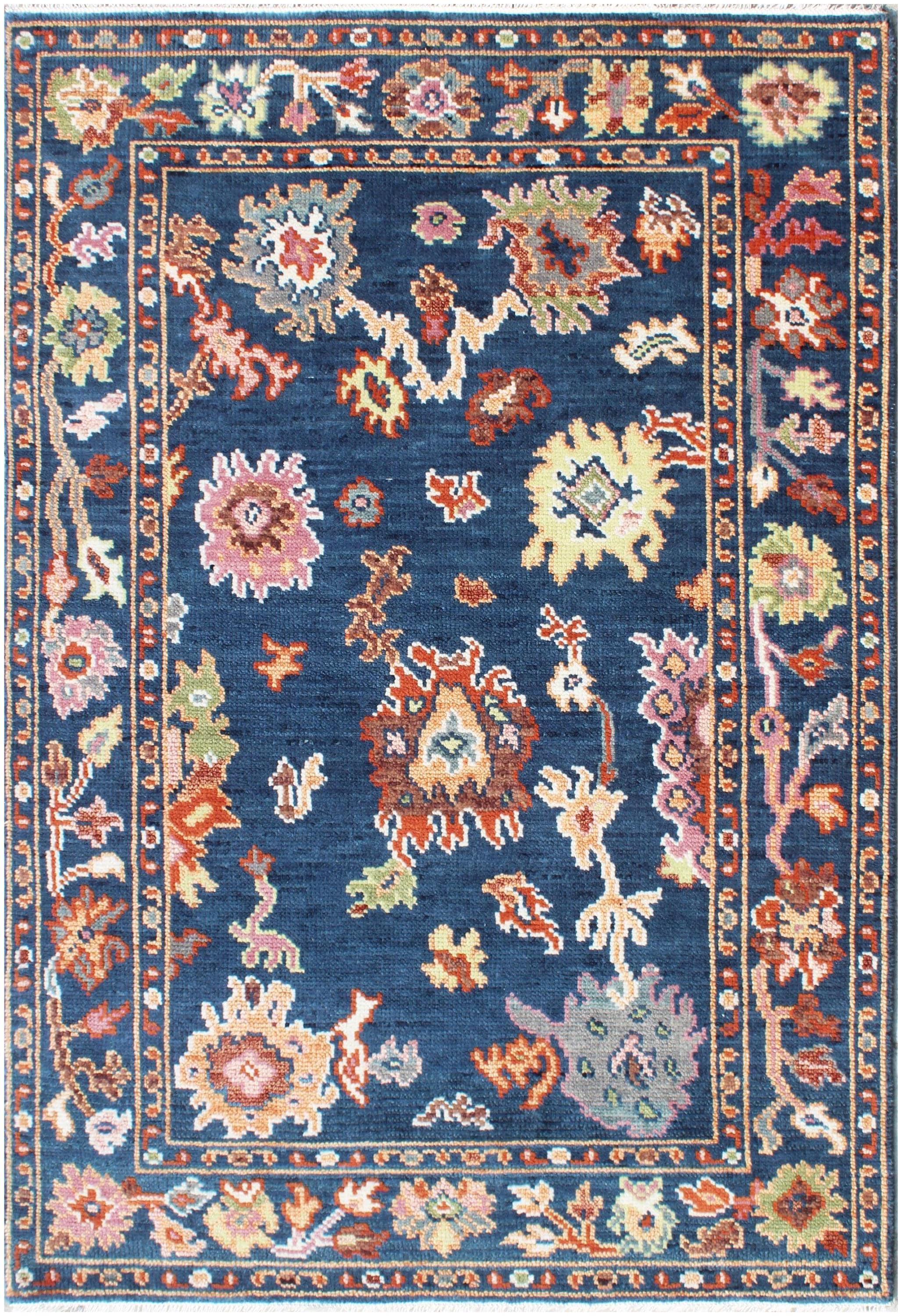 Hand-Knotted Oushak Wool Rug - custom sizes-4x6,5x8,6x9,8x10,10x14 Authentic Turkish Style Area Rug in Navy Blue, Terracotta, and Sage Green