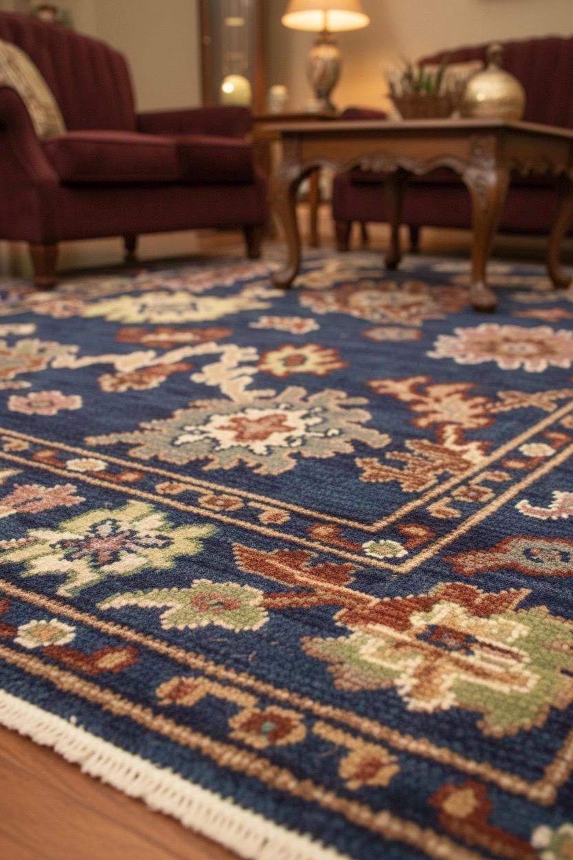 Hand-Knotted Oushak Wool Rug - custom sizes-4x6,5x8,6x9,8x10,10x14 Authentic Turkish Style Area Rug in Navy Blue, Terracotta, and Sage Green