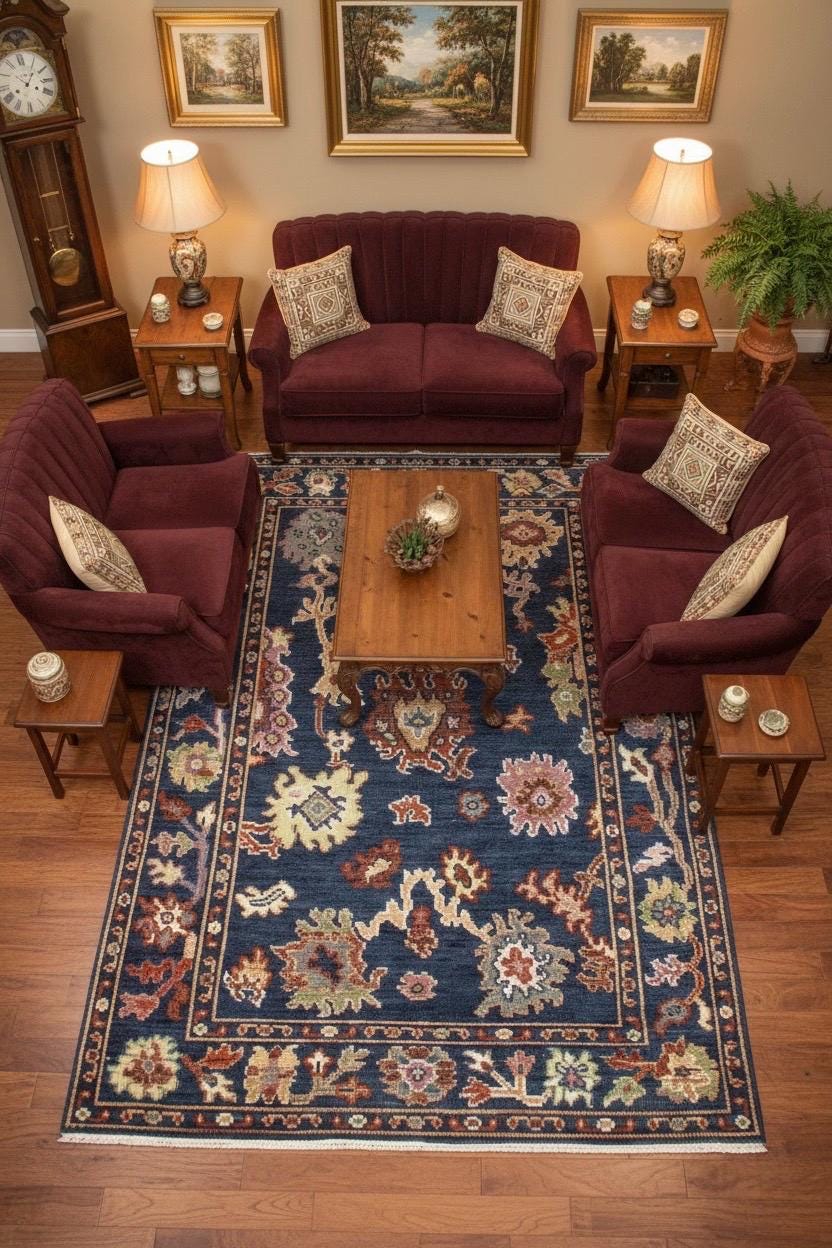 Hand-Knotted Oushak Wool Rug - custom sizes-4x6,5x8,6x9,8x10,10x14 Authentic Turkish Style Area Rug in Navy Blue, Terracotta, and Sage Green
